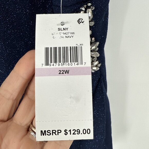 SLNY Womens Plus Size 22W Navy Blue Glitter Beaded Flutter Sleeve Cocktail Dress - Picture 7 of 11